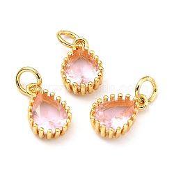 Brass Micro Pave Cubic Zirconia Pendants, Real 18K Gold Plated, Long-Lasting Plated, Teardrop, Pink, 12x7.5x3.5mm, Hole: 3mm(ZIRC-D120-01G-07)