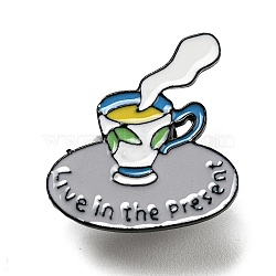 Enamel Pins, Electrophoresis Black Plated Alloy Brooch, Word Live in The Present, Cup, 28x25x1.5mm(JEWB-I027-01E)