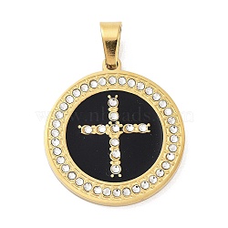 304 Stainless Steel Charms, with Rhinestone and Enamel, Real 18K Gold Plated, Black, Cross, 27.5x24.5x2mm, Hole: 6.5x4mm(STAS-M341-02G-05)