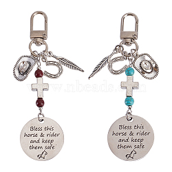 2Pcs 2 Styles Horse Theme Tibetan Style Alloy Pendants Decorations, with Synthetic Turquoise Bead and Swivel Lobster Claw Clasps, 104mm, 1pc/style(HJEW-DR00106)