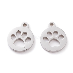 304 Stainless Steel Charms, Laser Cut, Flat Round with Dog Footprint, Stainless Steel Color, 13x11x1.5mm, Hole: 1.4mm(STAS-Y002-06P)