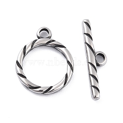 304 Stainless Steel Toggle Clasps, Tibetan Style, Grooved, Antique Silver, Ring: 19x16x2.5mm, Hole: 2.5mm, Bar: 6x23x3mm, Hole: 2.5mm(STAS-I190-05AS)