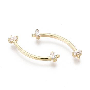 Brass Micro Pave Cubic Zirconia Links Connectors, Nickel Free, Curved Bar, Clear, Real 18K Gold Plated, 21x5.5x2.5mm, Hole: 0.6mm