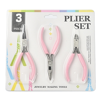 Steel Pliers Set, with Plastic Handles, including Side Cutter Pliers, Round Nose Plier, Needle Nose Wire Cutter Plier, Pearl Pink, 113~126x48~52x6~10mm, 3pcs/set