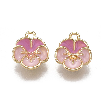 Brass Enamel Charms, Nickel Free, Real 18K Gold Plated, Flower, Pink, 12x10.5x4mm, Hole: 1.5mm