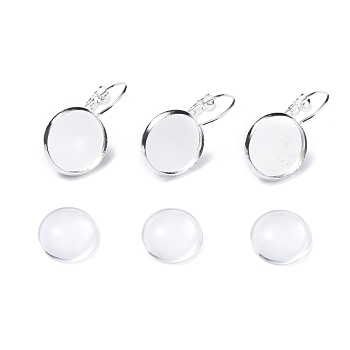 DIY Earring Making, with Brass Leverback Earring Findings and Transparent Oval Glass Cabochons, Silver Color Plated, Cabochons: 13.5~14x4mm, 1pc/set, Earring Findings: 25~27x16mm, Tray: 14mm, Pin: 0.8mm, 1pc/set