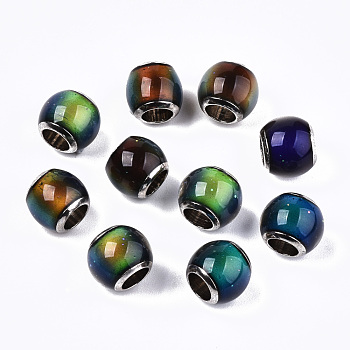 Glass European Beads, Large Hole Beads, with Platinum Tone Brass Double Cores, Rondelle, Changing Color Mood Beads, Colorful, 7~8x6~7mm, Hole: 4mm