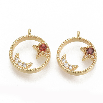 Brass Micro Pave Cubic Zirconia Charms, Real 18K Gold Plated, Flat Round with Star and Moon, Nickel Free, Red, 13.5x11.5x3mm, Hole: 0.9mm