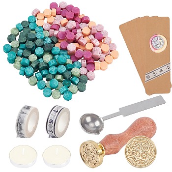 CRASPIRE DIY Scrapbook Making Kits, Including Brass Wax Seal Stamp, Stainless Steel Wax Sticks Melting Spoon, Blank Kraft Paper Card, Sealing Wax Particles, Adhesive Tapes and Candle, Mixed Color, 8.95cm, 1pc