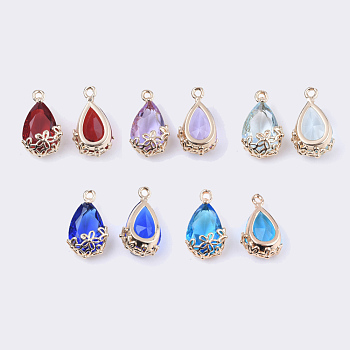 Transparent Glass Pendants, for DIY Jewelry Making, with Brass Findings, Faceted, teardrop, with Flower, Light Gold, Mixed Color, 16x9x6mm, Hole: 1.2mm