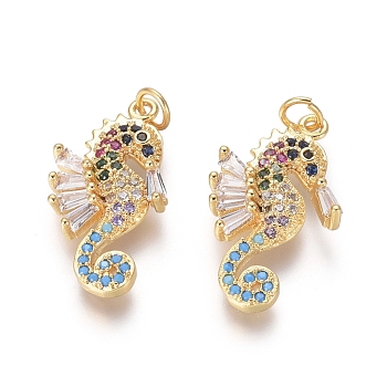 Golden Plated Brass Pendants, with Cubic Zirconia and Jump Rings, Sea Horse, Colorful, 20.5x10x3mm, Hole: 2.5mm