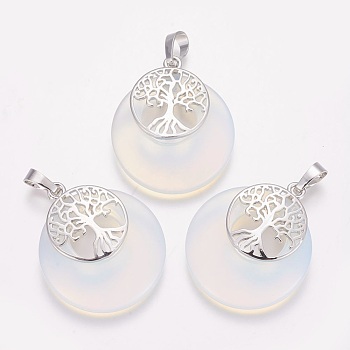 Opalite Pendants, with Platinum Tone Brass Findings, Flat Round with Tree of Life, 32.5~33x27.5~28x5~6mm, Hole: 5x7mm