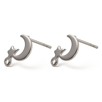 Moon & Star Shape 201 Stainless Steel Stud Earrings Findings, with 304 Stainless Steel Pins &  Horizontal Loops, Stainless Steel Color, 11x7mm, Hole: 1.2mm, Pin: 0.7mm