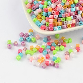 Acrylic Beads, AB color, Cube, Mixed Color, 4x4mm, Hole: 1mm, about 8000pcs/500g