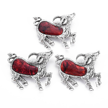 Sheep Alloy Brooch, Natural Paua Shell Lapel Pin with Loop for Backpack Clothes Pendant Jewelry, Cadmium Free & Lead Free, Antique Silver, Dark Red, 50x55x13mm, Hole: 7x4.5mm, Pin: 0.7mm