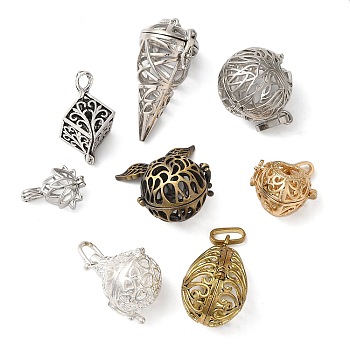 Brass Bead Cage Pendants, Hollow Cage Charms For Chime Ball Pendant Necklaces Making, Mixed Shapes, Mixed Color, 20~41x14~27x9~24mm, Hole: 4~10x2~5mm