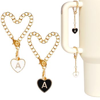 2 Sets Alloy Enamel Cup Pendant Decorations, with Iron Link Chain and Lobster Clasp, Light Gold, Heart, Letter A, 76mm, 2pcs/set