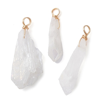 Electroplated Natural Quartz Crystal Dyed Pendants, Teardrop Charms with Golden Plated Copper Wire Loops, White, 34~37x6~10.5x6~9.5mm, Hole: 3.5mm