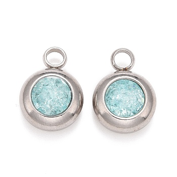 304 Stainless Steel Charms, Flat Round with Glass Rhinestone, Stainless Steel Color, Pale Turquoise, 14x10x6mm, Hole: 2.5mm