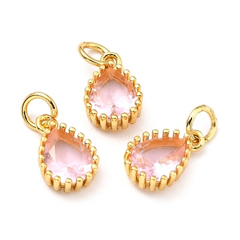 Brass Micro Pave Cubic Zirconia Pendants, Real 18K Gold Plated, Long-Lasting Plated, Teardrop, Pink, 12x7.5x3.5mm, Hole: 3mm