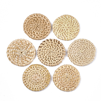 Handmade Reed Cane/Rattan Woven Beads, For Making Straw Earrings and Necklaces, No Hole/Undrilled, Flat Round, BurlyWood, 38~50x4~6mm