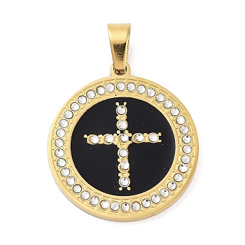 304 Stainless Steel Charms, with Rhinestone and Enamel, Real 18K Gold Plated, Black, Cross, 27.5x24.5x2mm, Hole: 6.5x4mm