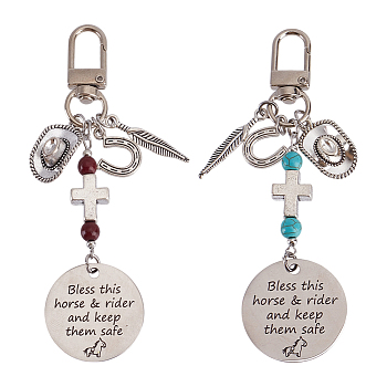 2Pcs 2 Styles Horse Theme Tibetan Style Alloy Pendants Decorations, with Synthetic Turquoise Bead and Swivel Lobster Claw Clasps, 104mm, 1pc/style
