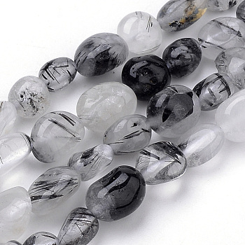 Natural Black Rutilated Quartz Beads Strands, Oval, 6~12x5~8x3~8mm, Hole: 1mm, about 50~57pcs/strand, 15.7 inch