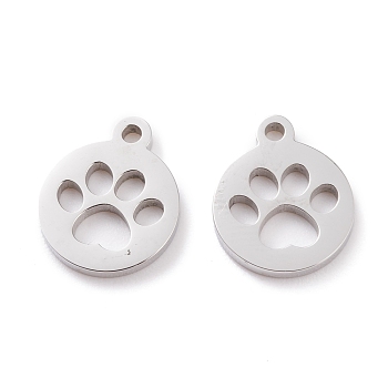 304 Stainless Steel Charms, Laser Cut, Flat Round with Dog Footprint, Stainless Steel Color, 13x11x1.5mm, Hole: 1.4mm