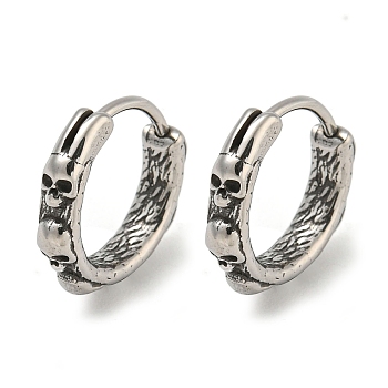 316 Surgical Stainless Steel Hoop Earrings, Skull, Antique Silver, 14.5x3mm