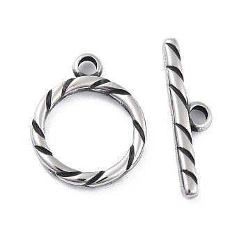 304 Stainless Steel Toggle Clasps, Tibetan Style, Grooved, Antique Silver, Ring: 19x16x2.5mm, Hole: 2.5mm, Bar: 6x23x3mm, Hole: 2.5mm
