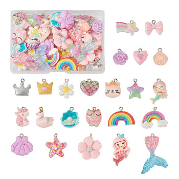 46Pcs 23 Styles Opaque & Transparent Resin Pendants, with Platinum Tone Iron Loops, Crown & Girl & Owl & Cat, Mixed Shapes, Mixed Color, 15.5~46x14~30x4~8mm, Hole: 2mm, 2pcs/style