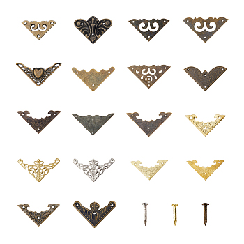 18 Styles Iron Decorative Corner for Wooden Box, Triangle with Bat/Auspicious Cloud/Butterfly Pattern, with Nails, Mixed Patterns, 18.5~44.5x19~82x0.7~3mm, Hole: 0.8~2x0.8~4.5mm