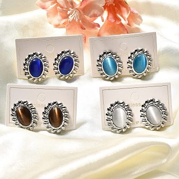 304 Stainless Steel Glass Oval Stud Earrings, Ion Plating(IP), Platinum, Mixed Color, 23x19.5mm