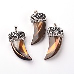 Italian Horn Shell Pendants, with Platinum Plated Brass Findings and Polymer Clay Rhinestone, 38~39x17~18x8~9mm, Hole: 4x5mm(G-F215-15)
