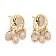Rack Plating Brass Woven Net Dangle Stud Earrings with Oval Glass for Women, Cadmium Free & Lead Free & Nickle Free, Real 18K Gold Plated, 21x12mm, Pin: 0.7mm(EJEW-I265-09G)