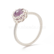 Natural Amethyst Round Finger Ring, Silver Copper Wire Wrapped Jewelry for Women, US Size 8 1/2(18.5mm)(RJEW-TA00057-01)
