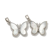 Rack Plating Brass Pave Natural White Shell Pendants, Butterfly Charms, Platinum, 16x19.5x4.5mm, Hole: 5X2.5mm(KK-U025-02P-01)