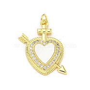 Brass Pendant, with Cubic Zirconia and Freshwater Shell, Heart, Real 16K Gold Plated, 27x21.5x3mm(FIND-Z023-12C)
