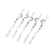 Alloy Moon Pendant Decorations, 7 Chakra AB Color Plated Glass Beaded Hanging Ornament, with Glass Cone & Star/Ice Flower/Heart Charm, Antique Silver, 280mm, 1pc/style, 5pcs/set(HJEW-JM00790)