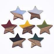 Resin & Walnut Wood Pendants, Waxed, Star, Mixed Color, 26x28x4mm, Hole: 1.6mm(RESI-T023-23)