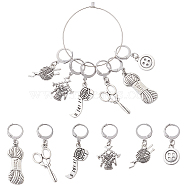 Sewing Theme Alloy Multifunction Pendant Decorations, with 304 Stainless Steel Leverback Clasps, Measuring Tape/Sweater/Scissors/Button, Antique Silver & Stainless Steel Color, 31~46mm, 6 style, 1pc/style, 6pcs/set(HJEW-CJ00004)
