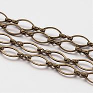 Brass Handmade Chains, Marquise Link Chains, Unwelded, Horse Eye, Nickel Free, Antique Bronze, 12x6x1mm, 3 Shape Clasp: 1.2x7.5x3mm(CK49-AB-NF)