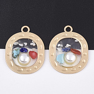 Epoxy Resin Pendants, with ABS Plastic Imitation Pearl and Natural & Synthetic Gemstone Chip, Alloy Findings, Oval, Matte Gold Color, Clear, 35.5x27x5.5mm, Hole: 3mm(RESI-S365-61)