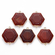 Natural Carnelian Link Connectors, with Golden Iron Edge and Loop, Dyed, Hexagon, 44~46x38~40x6~10mm, Hole: 2.5mm(G-S359-297)
