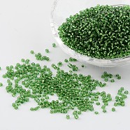 12/0 Glass Seed Beads, Silver Lined Round Hole, Round,Lime Green, 2mm, Hole: 1mm, about 3306pcs/50g(X-SEED-A005-2mm-27)