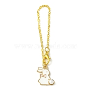 Alloy Enamel Rabbit Cup Pendant Decorations, with Brass Flat Oval Cable Chains, Pink, 130mm(HJEW-JM01753-01)