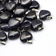 Heart Synthetic Blue Goldstone Pendants, with Platinum Tone Brass Findings, 17~19x15~16x5~8mm, Hole: 2x7mm(G-Q371-13)