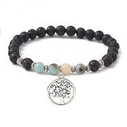 Natural Lava Rock & Natural Flower Amazonite Gemstone Round Beaded Stretch Bracelet, with Alloy Tree of Life Charms, Inner Diameter: 2-1/2 inch(6.5cm)(BJEW-JB09767-04)