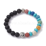 Natural Lava Rock & Synthetic Turquoise Beaded Stretch Bracelets, Round Hollow Ball & Tree of Life Bracelet for Women, Inner Diameter: 2-1/8 inch(5.5cm)(BJEW-JB09985-02)